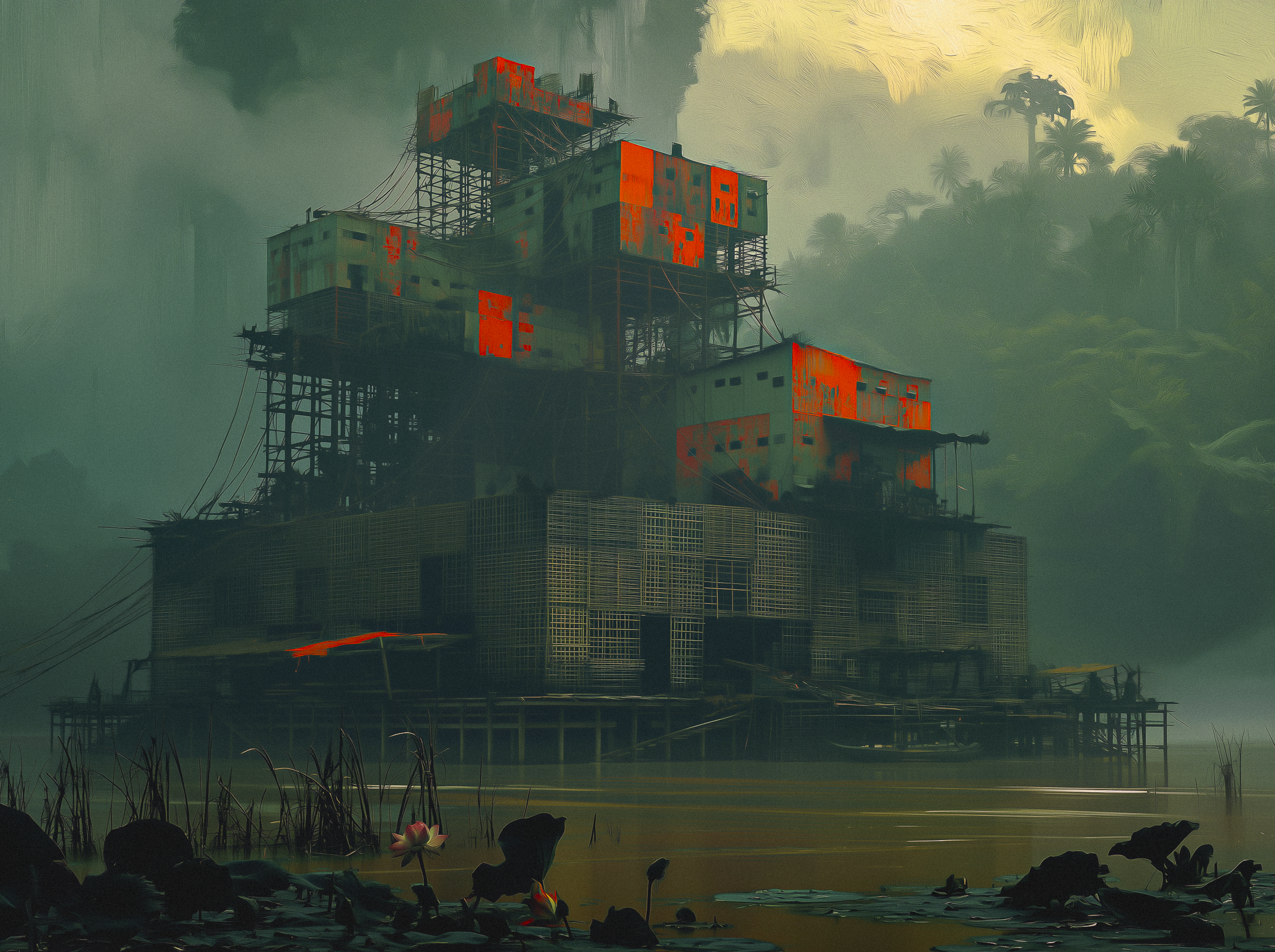 Ferry sailing a wide jungle river at low sun, orange sky and teal mist over the water - Cage Of Souls Redux - Chapter 2 