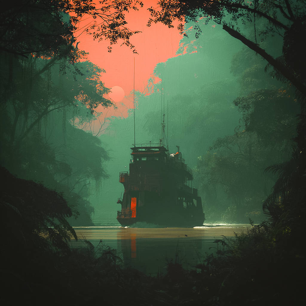 Ferry sailing a wide jungle river at low sun, orange sky and teal mist over the water - Cage Of Souls Redux 