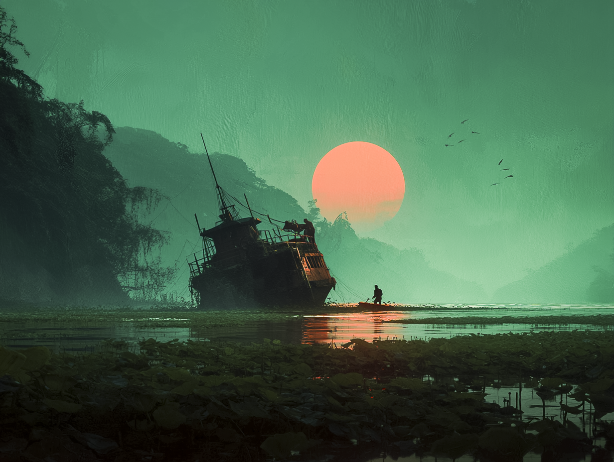 A listing, weathered ferry grounded in a lily-choked river - Cage Of Souls Redux 