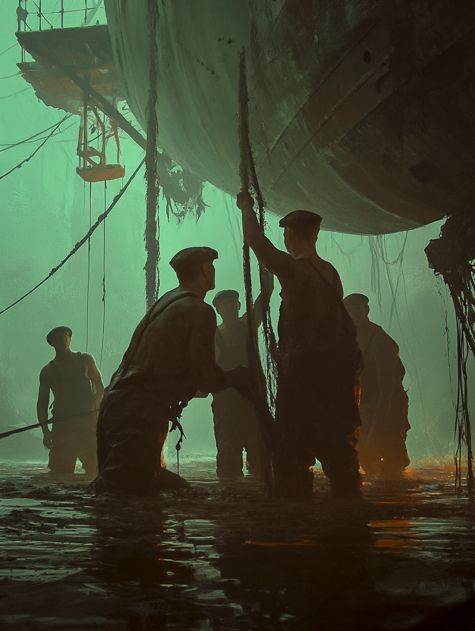 Prisoners beneath a curved ferry hull fixing the prop - Cage Of Souls 