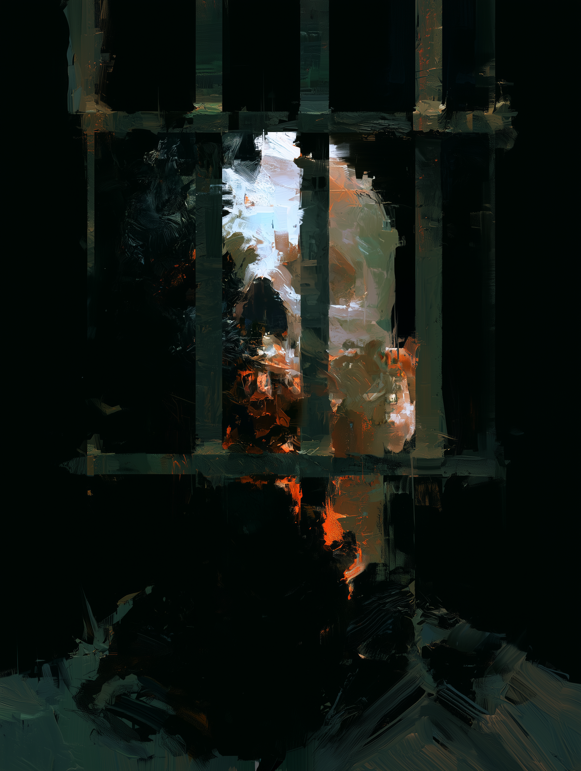 Ghostly face behind bars under harsh white light — Cage Of Souls Fan Art