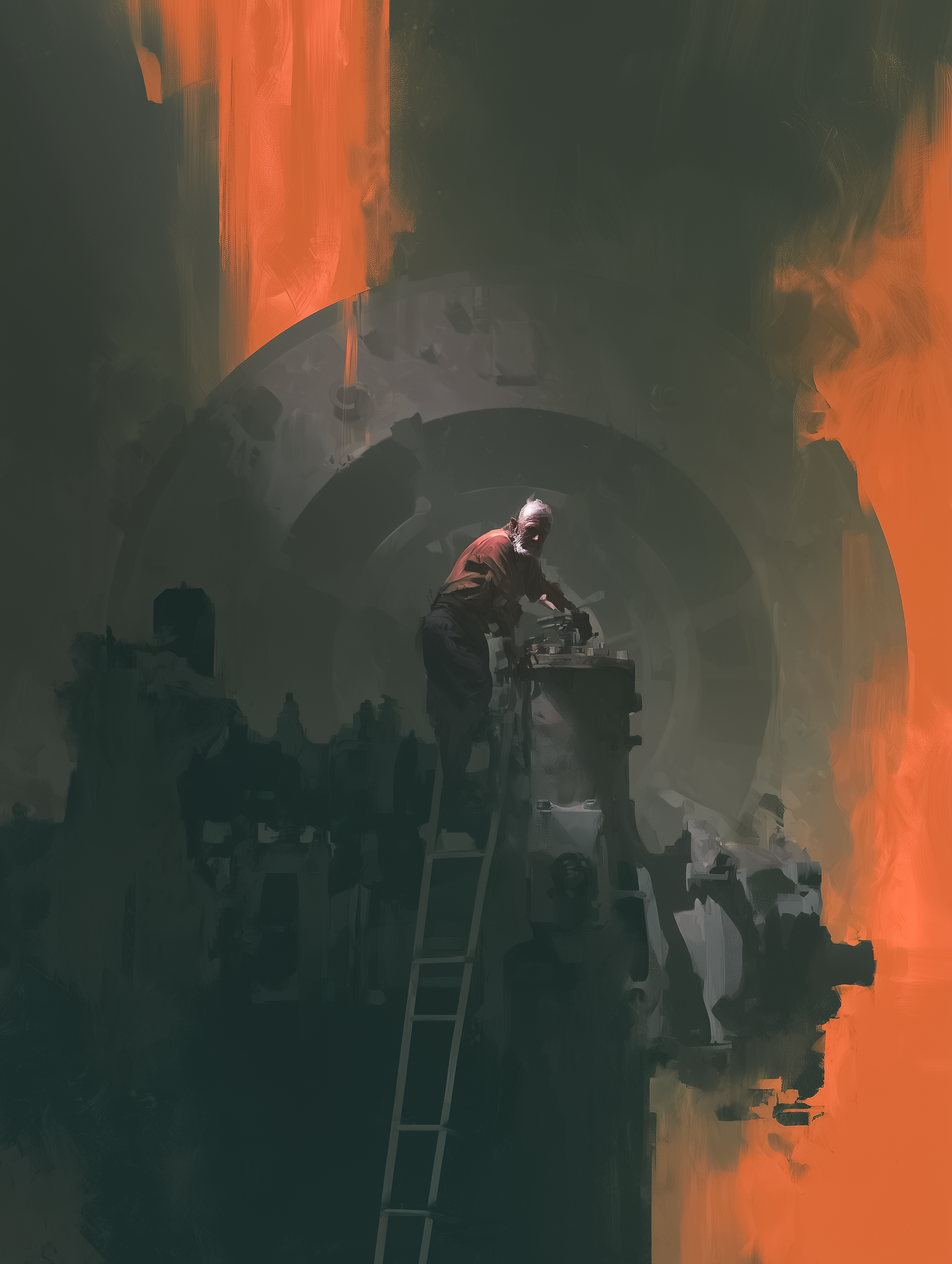 Father Sulplice repairing a pump from a ladder — Cage Of Souls Fan Art
