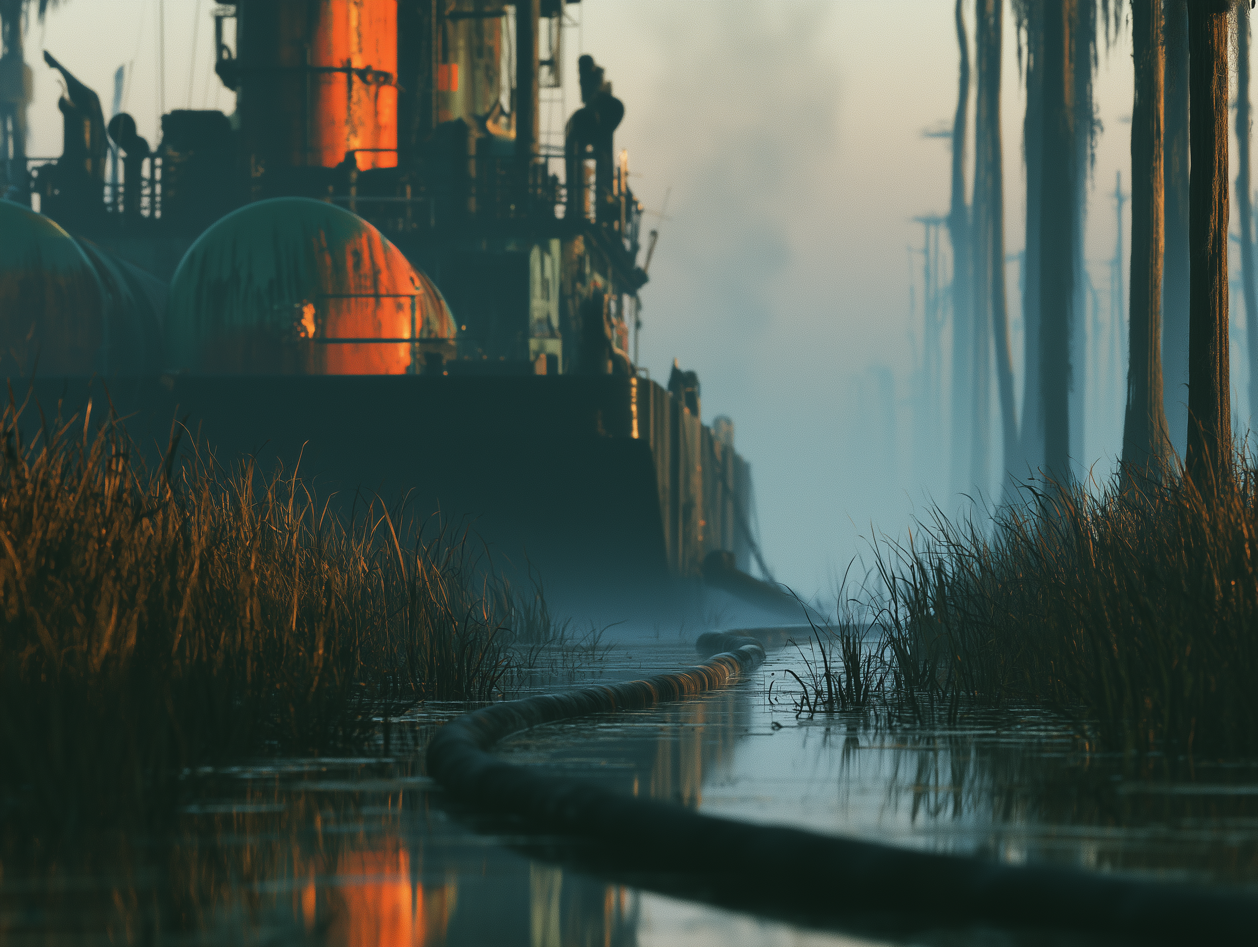 Mineral dredging barge moored in a foggy swamp mine — Cage Of Souls Fan Art