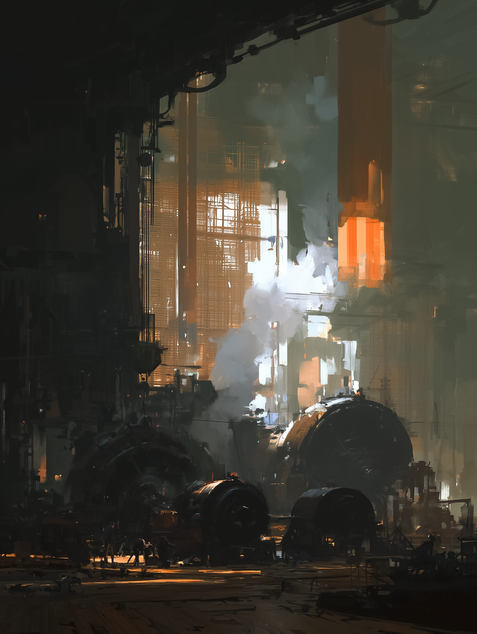 Vast pump room of steaming machinery beneath the Island — Cage Of Souls Fan Art