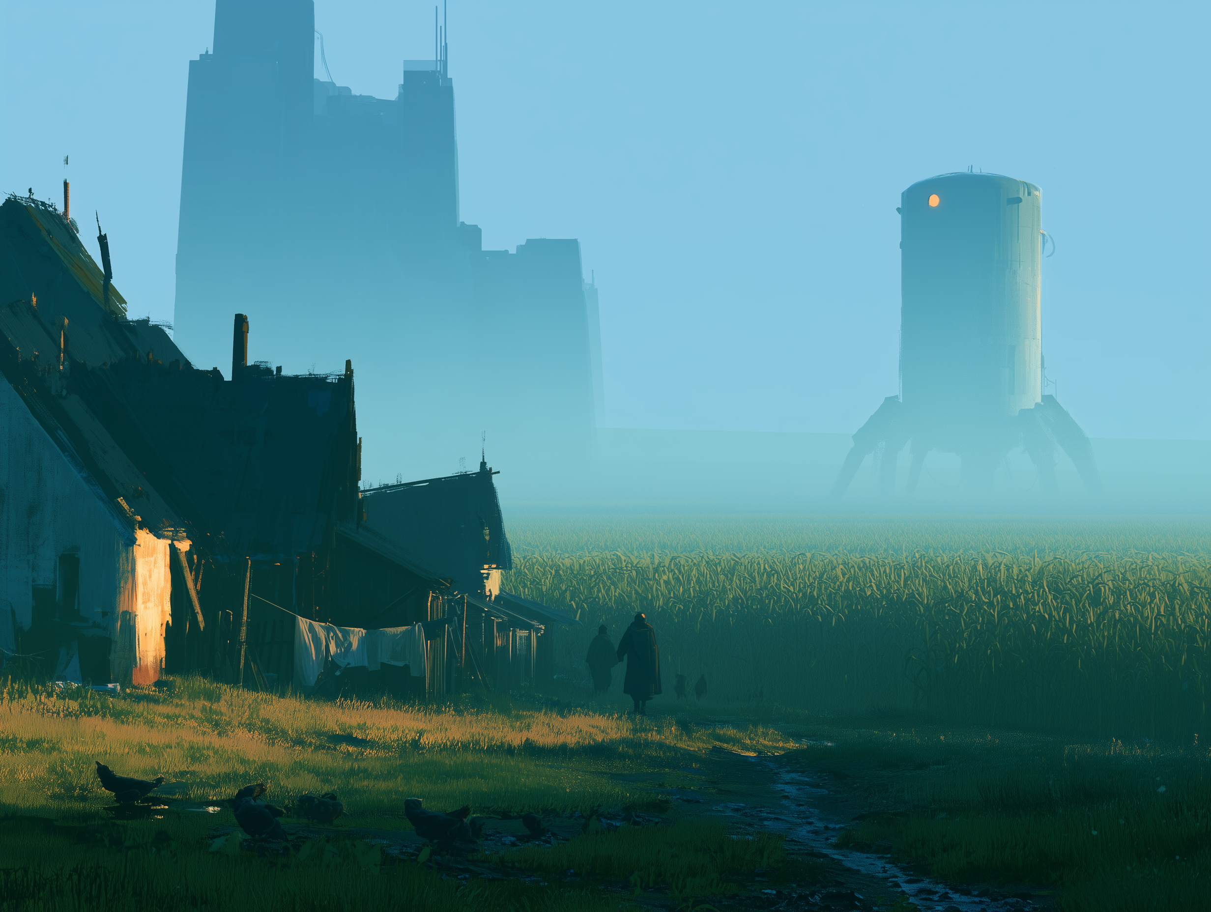 Weathered farm shacks and hanging laundry beside a muddy path, two figures walking into fog toward a towering four-legged harvester — Corvée