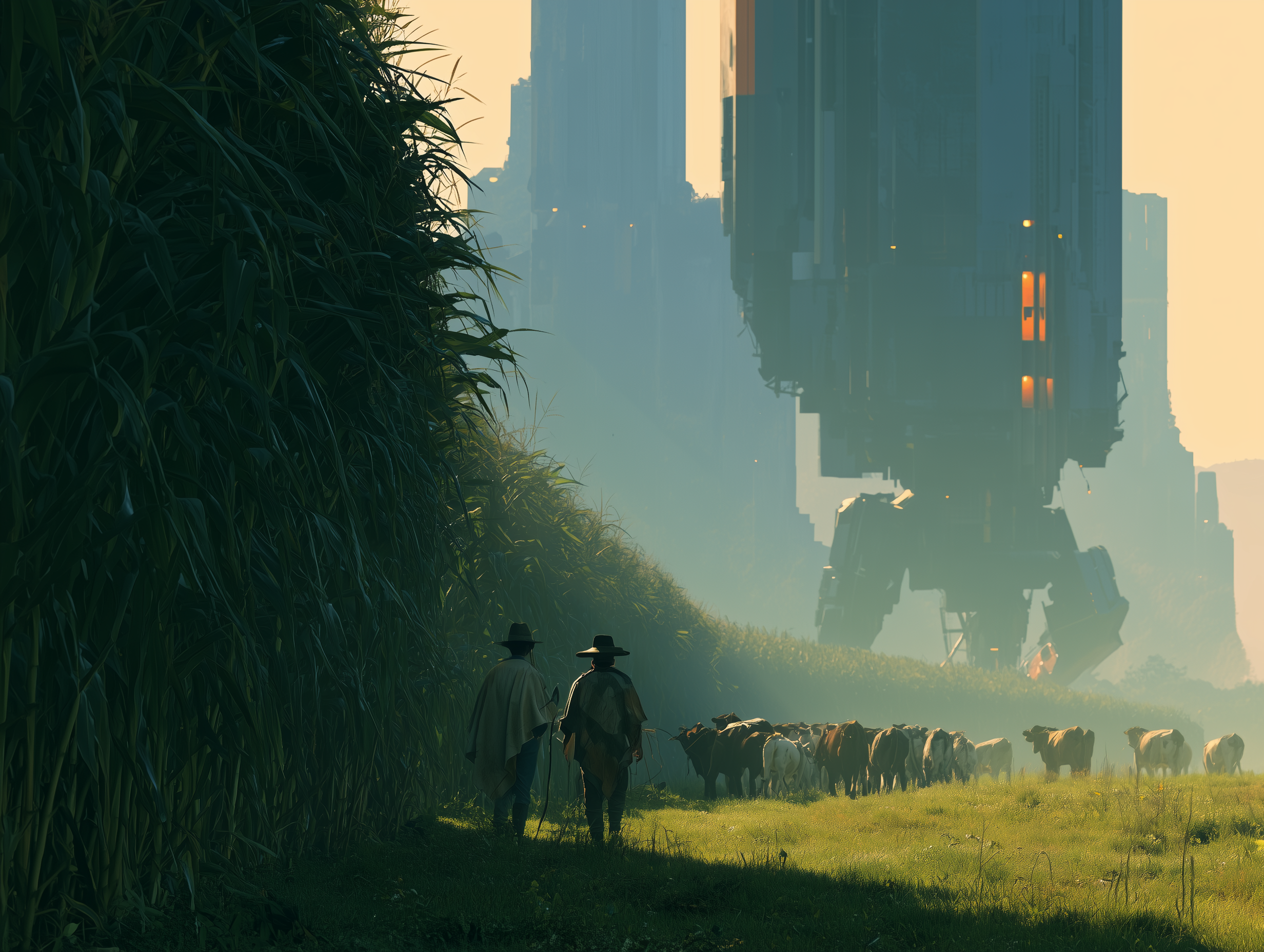 Two herders in hats and ponchos driving cattle past a wall of corn toward colossal industrial walkers in golden haze — Corvée