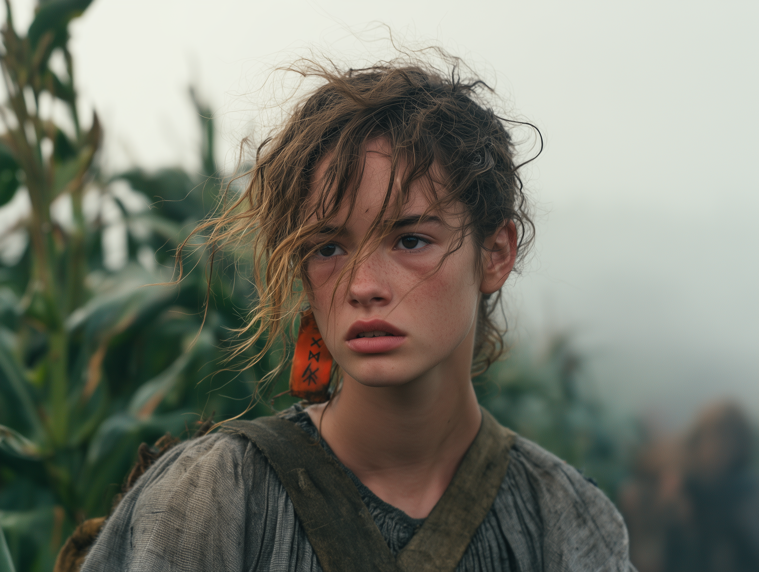 Close portrait of a young peasant girl with freckles, satchel straps, and an orange rune-marked ear tag in a foggy cornfield — Corvée