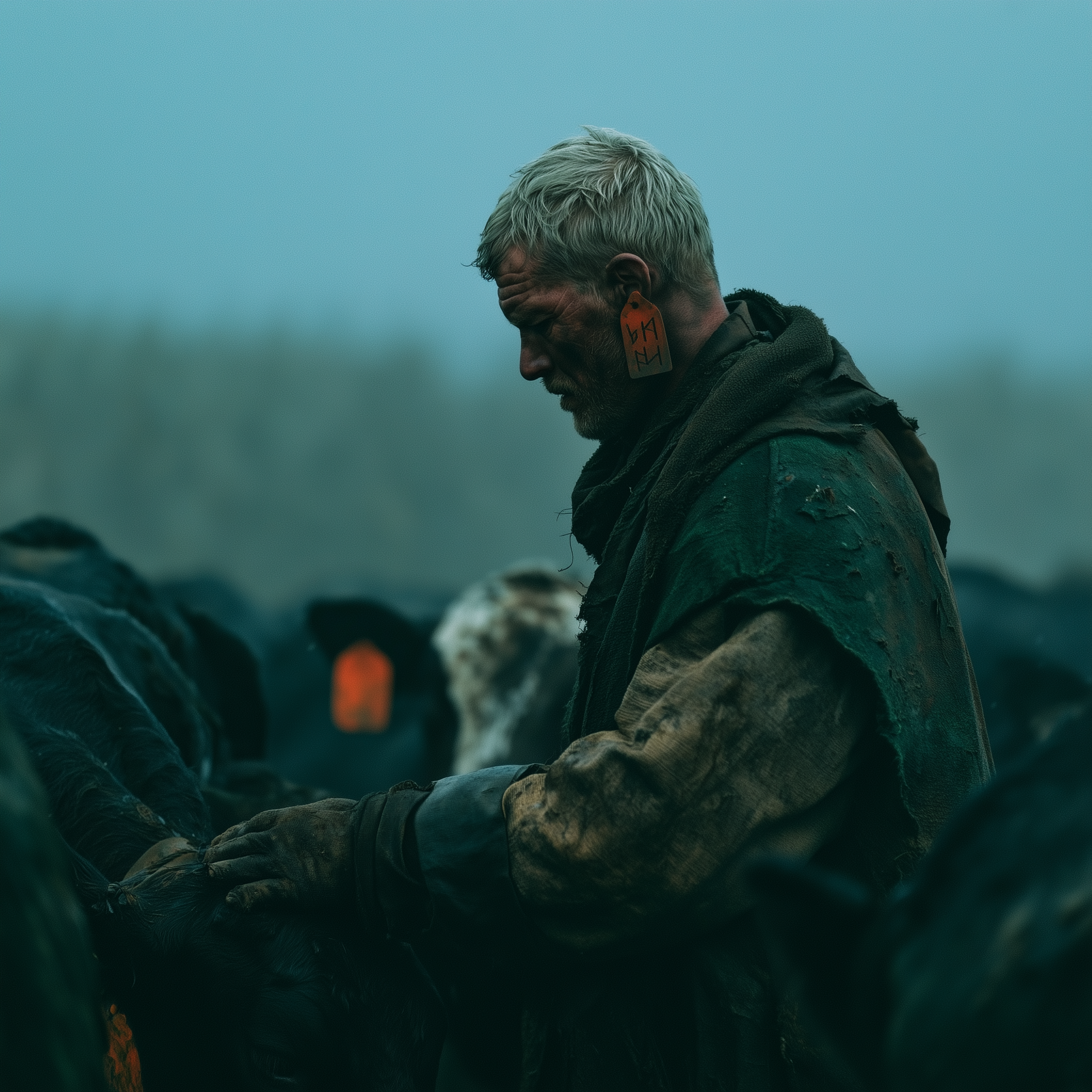 Close portrait of a weathered herder with an orange rune-marked ear tag, gloved hand reaching toward tagged cattle in the fog — Corvée