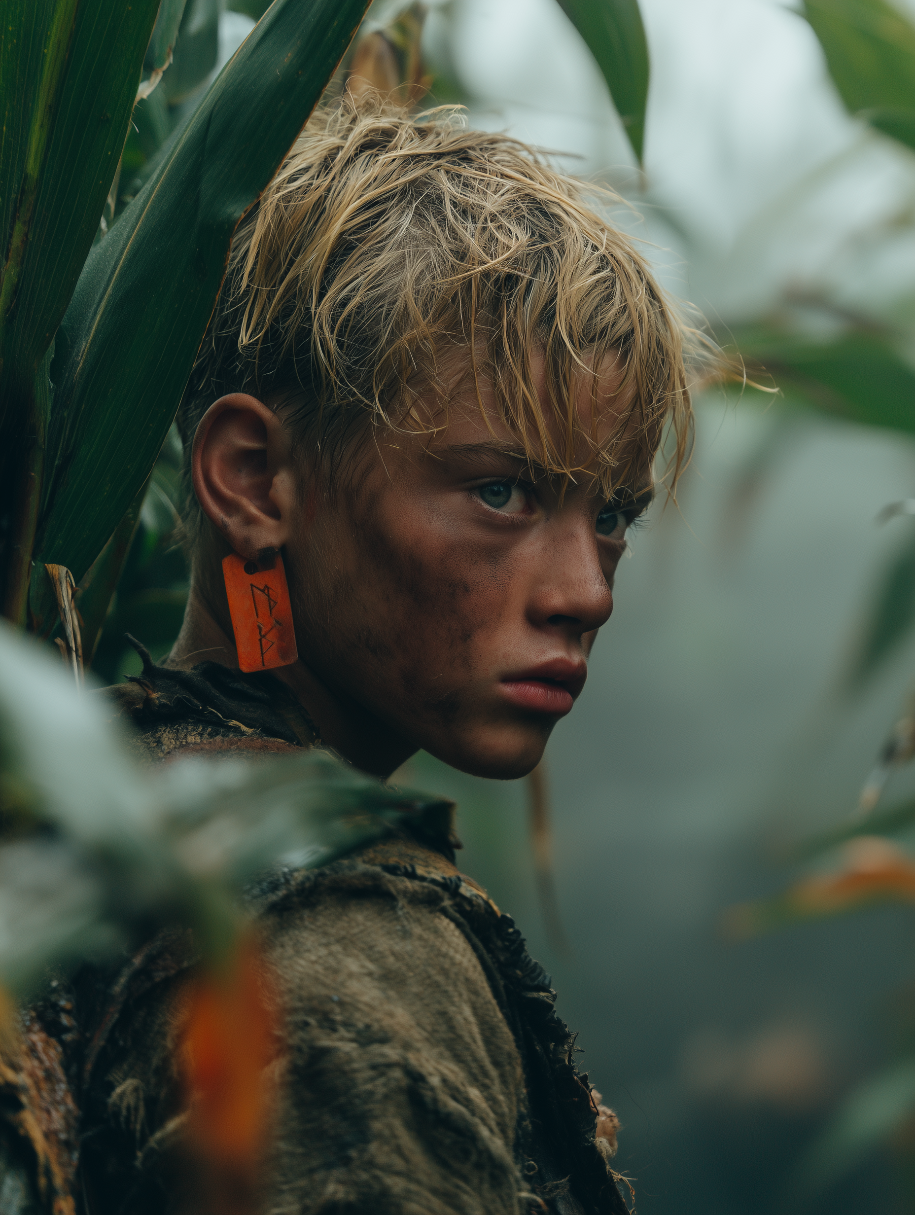 Close portrait of a dirt-smudged peasant boy in a cornfield, orange livestock tag clipped to his ear — Corvée