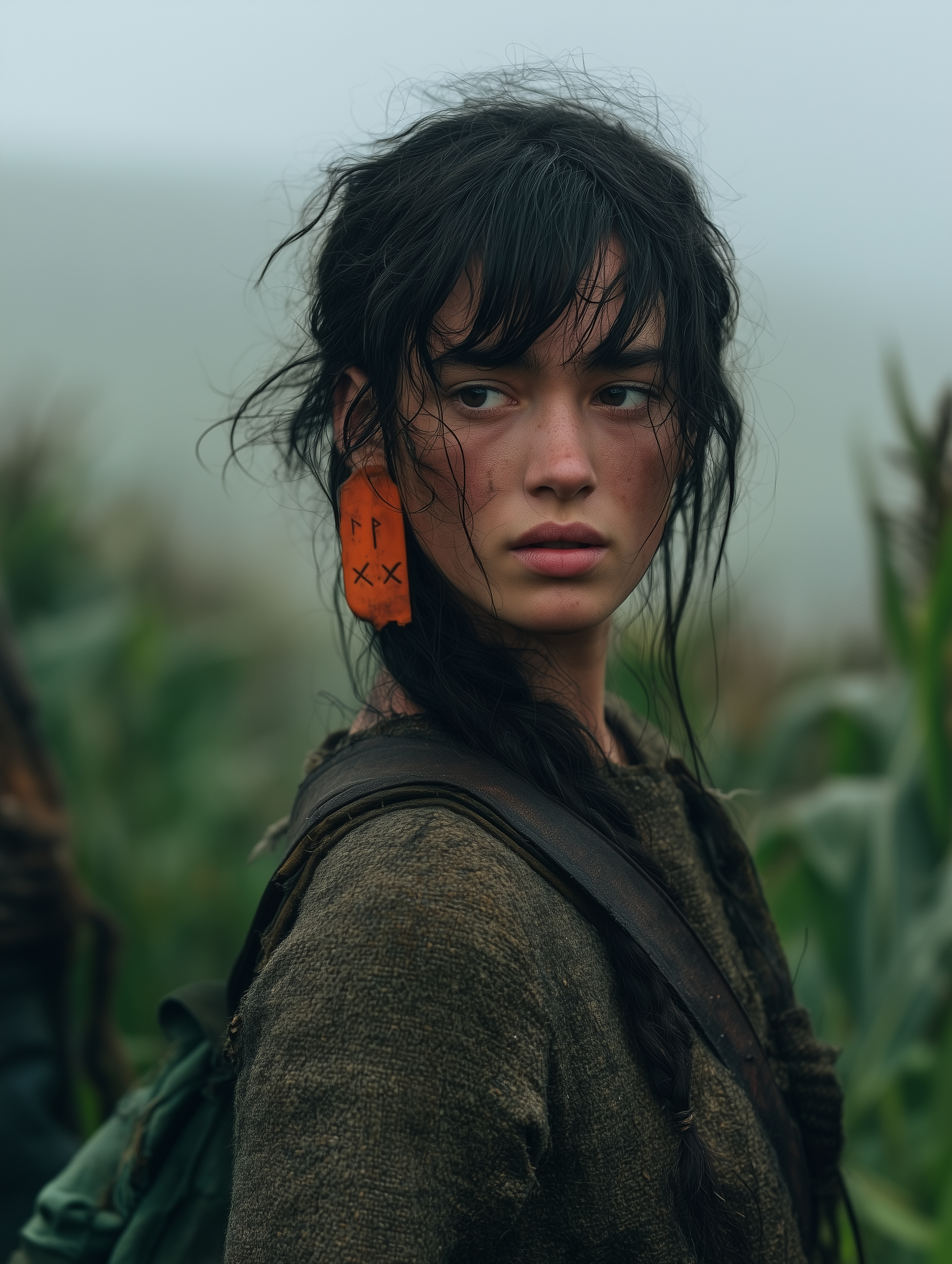 Close portrait of a young peasant girl with a braid and backpack, orange livestock tag on her ear in a foggy cornfield — Corvée