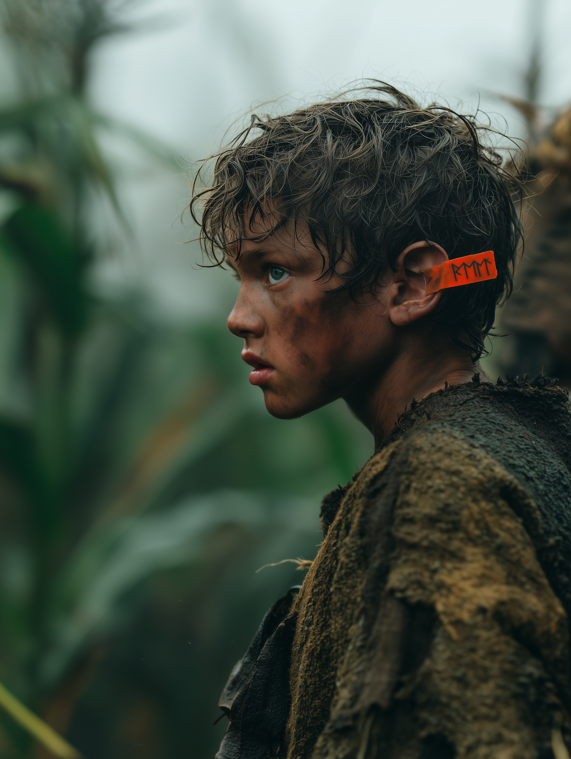 Profile of a dirt-smudged peasant boy in a cornfield, orange livestock tag clipped to his ear — Corvée