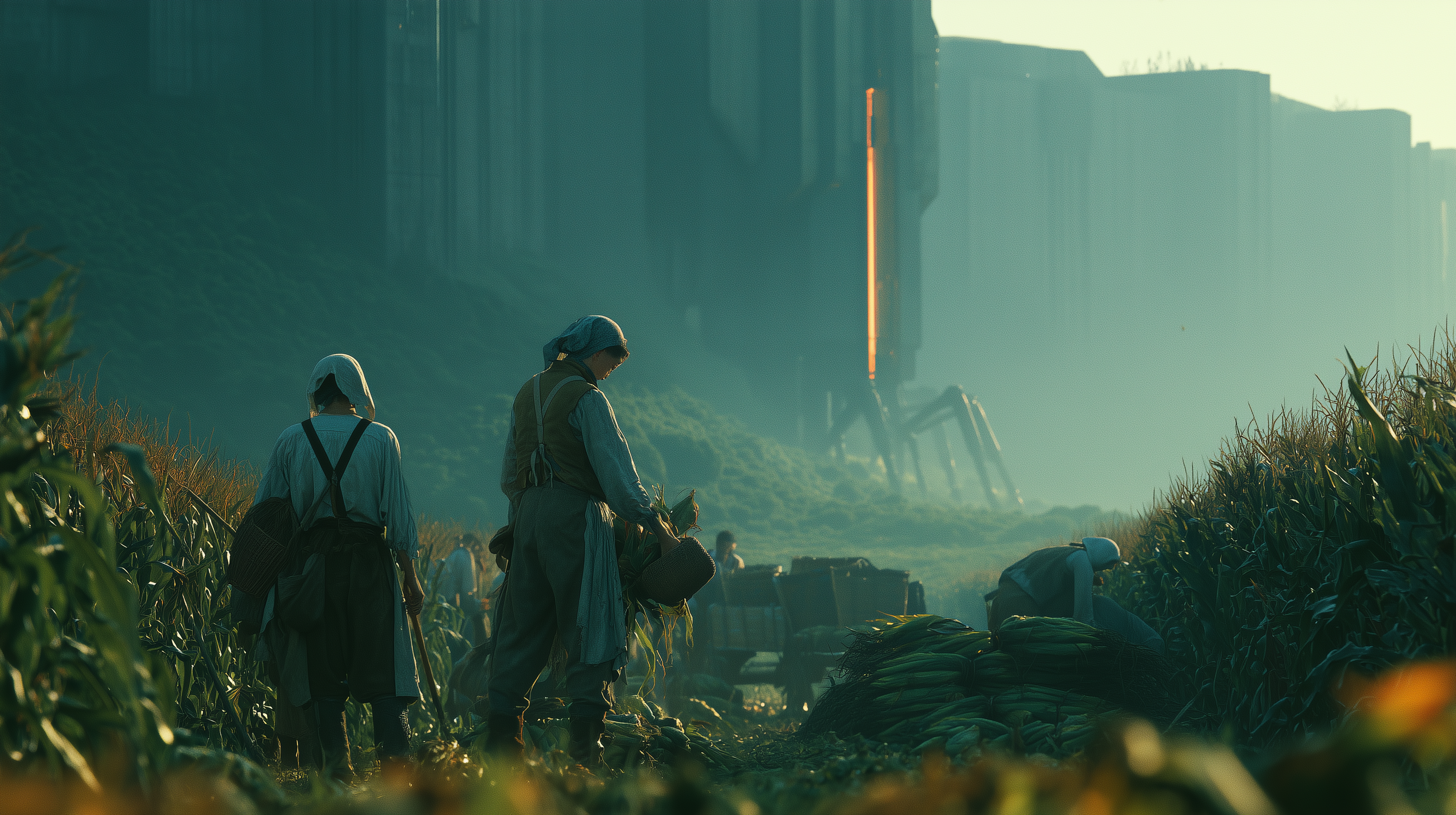 Wide shot of peasants harvesting corn by hand beneath colossal industrial walls and a multi-legged machine in teal fog — Corvée