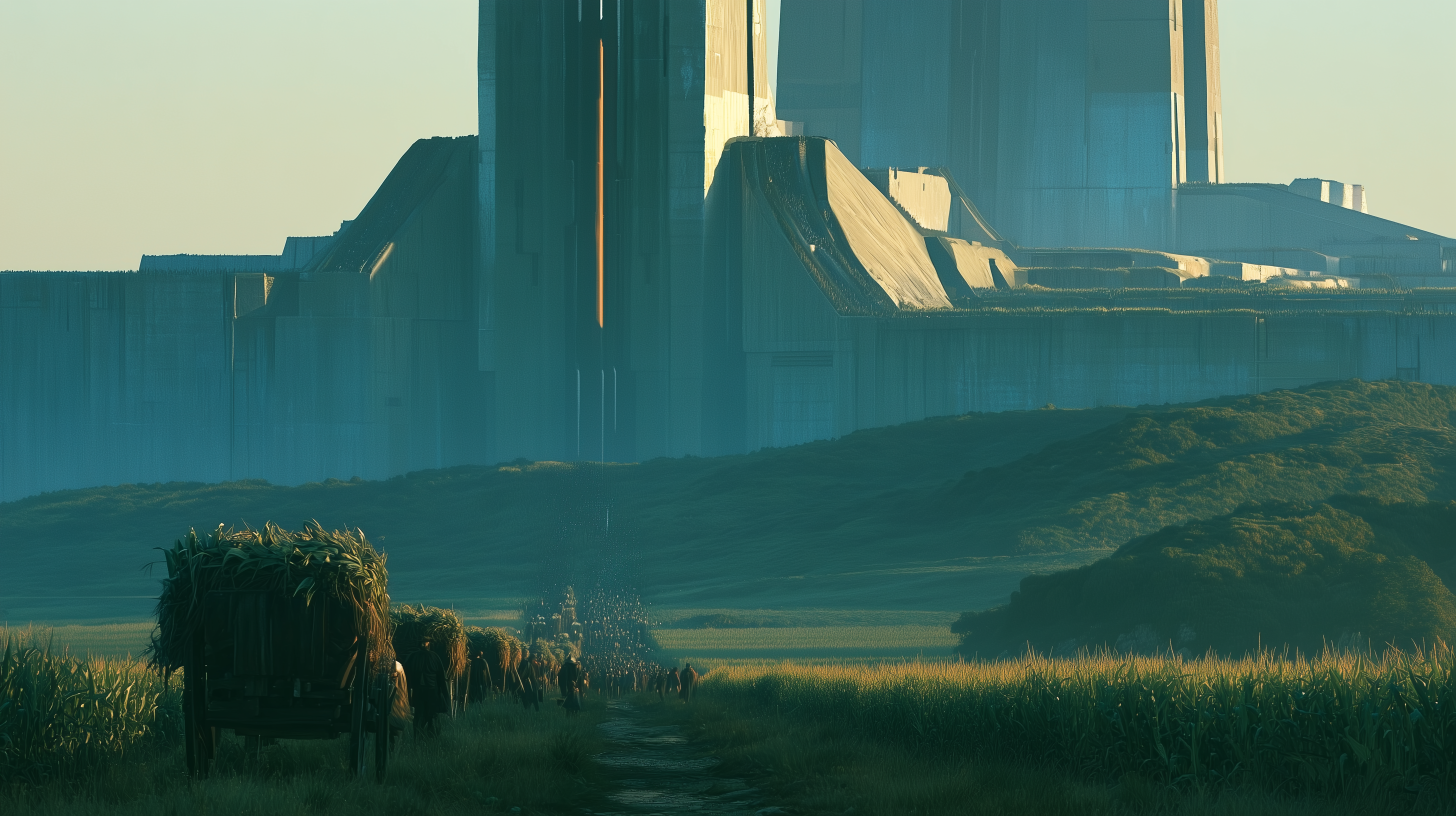 A column of wagons piled with corn heading through the fields toward a colossal brutalist fortress on the horizon — Corvée