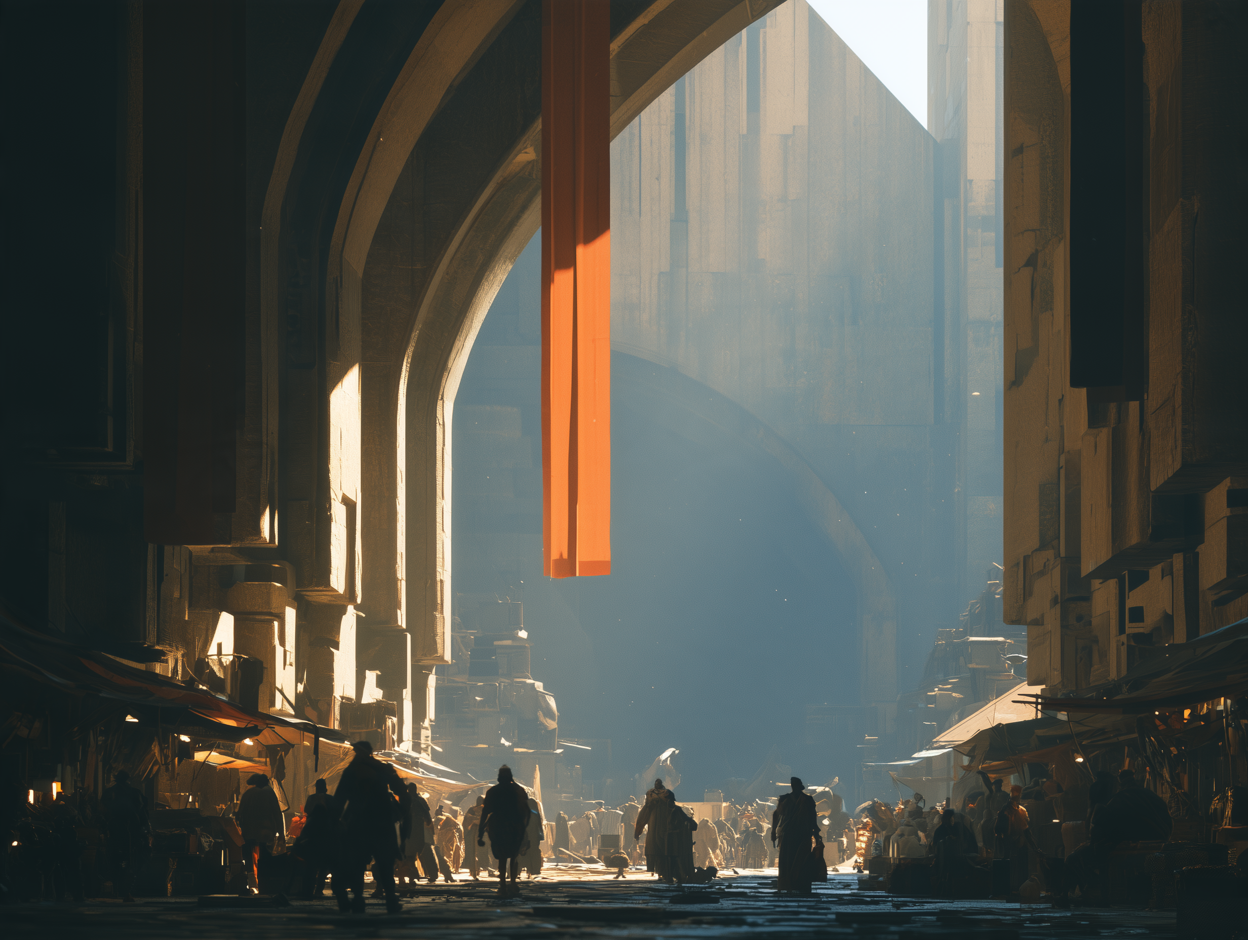 A crowded market street under brutalist arches, an orange banner hanging in dusty sunlight — Corvée