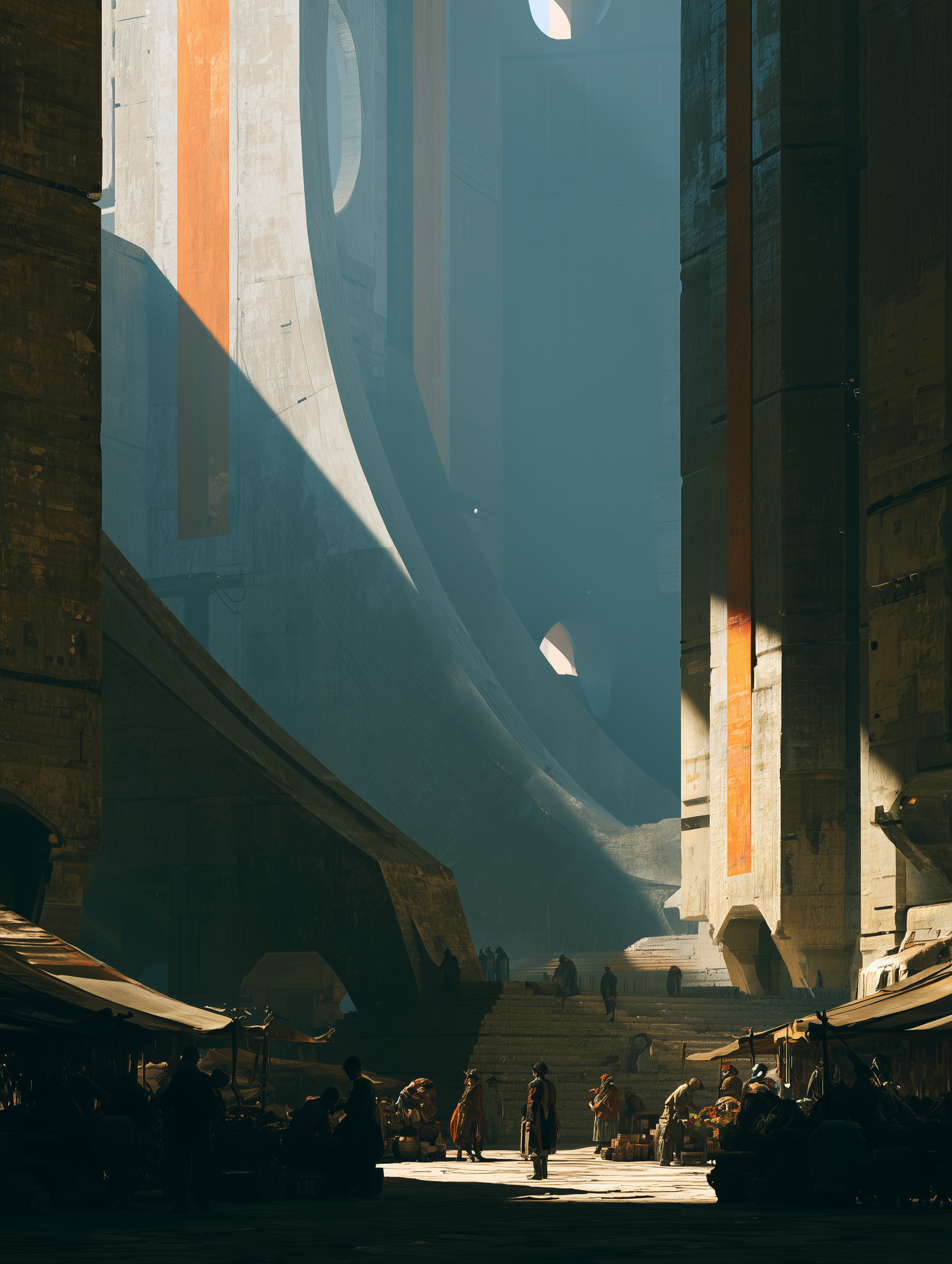 Peasants shopping at canvas stalls in a vast inner courtyard of a brutalist citadel — Corvée