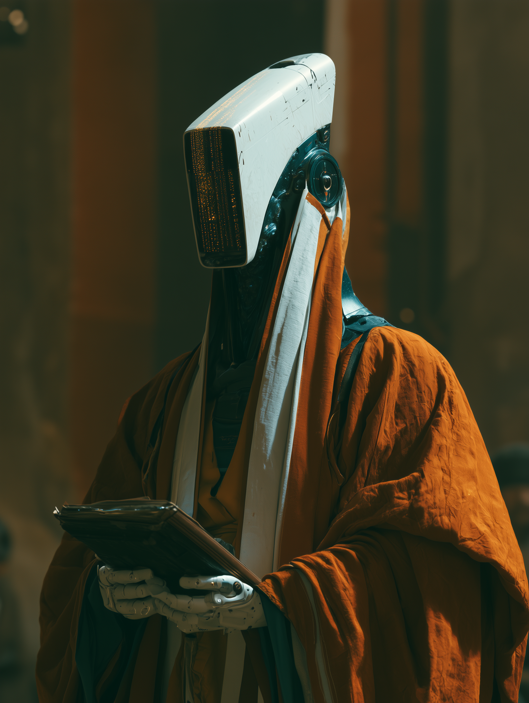 An Accumulator keep clerk in saffron court robes bowed over a harvest ledger, faceplate streaming amber numbers — Corvée