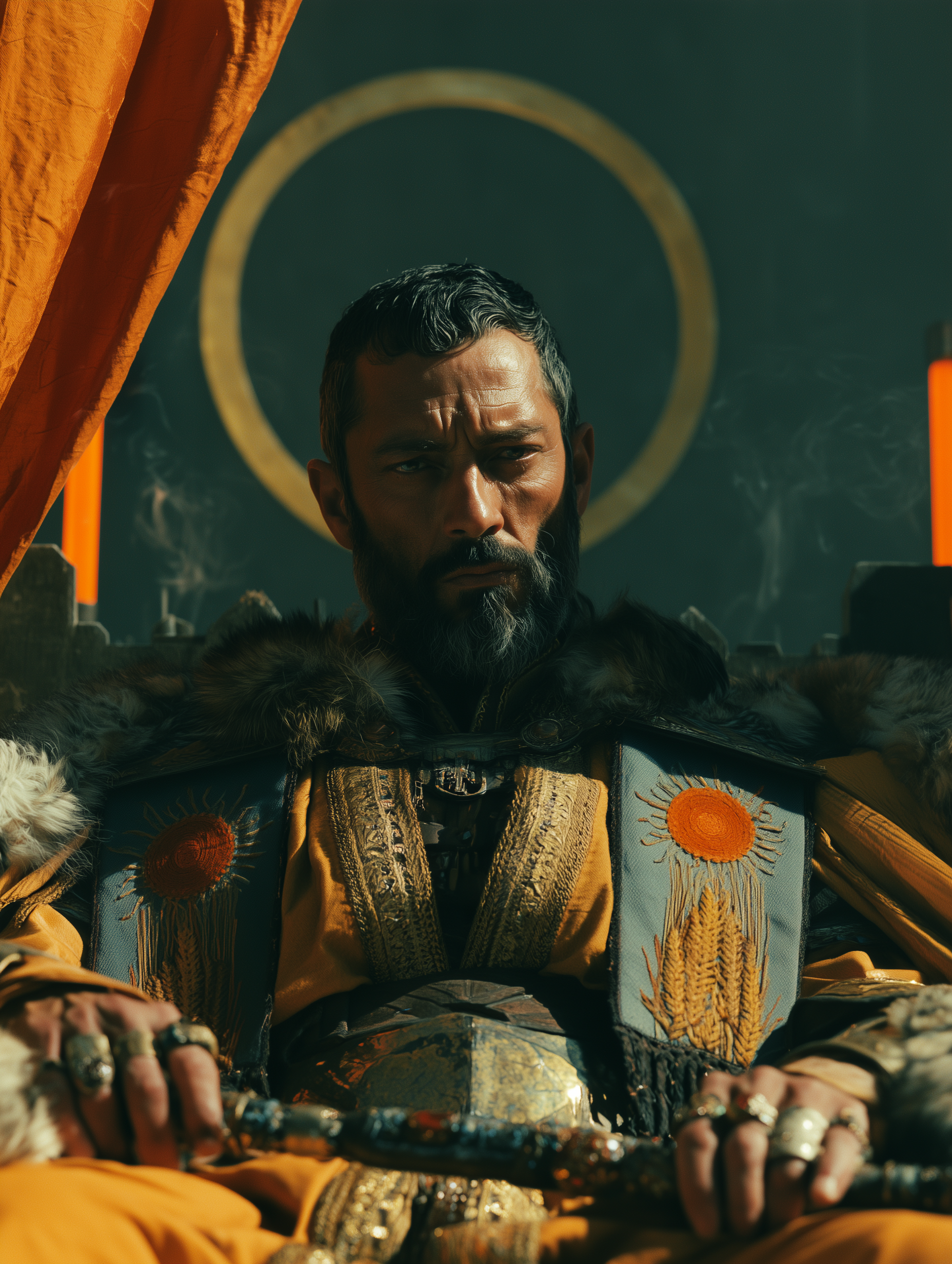 Seated portrait of a bearded banal lord enthroned before a gilded halo ring, heavy fur mantle over a surcoat embroidered with orange suns and sheaves of wheat, jeweled rings on both hands gripping a bejeweled staff — Corvée