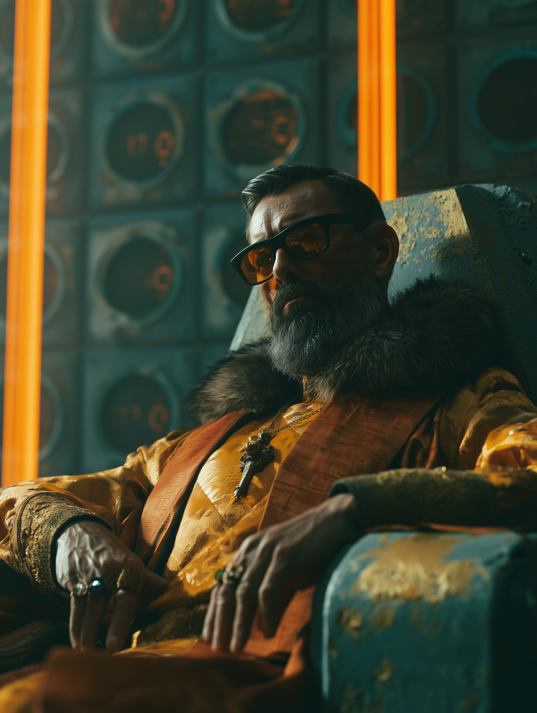 Portrait of a bearded banal lord in tinted glasses reclined on a rust-gilt throne, fur collar and ochre brocade robe, jeweled rings on both hands, the wall behind him tiled with decommissioned Accumulator faceplates as trophy reliquary — Corvée