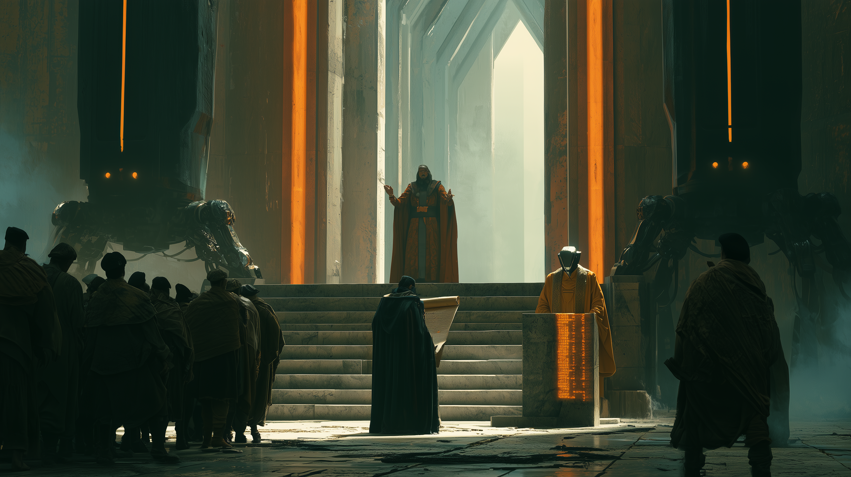 A cavernous brutalist court hall, a banal lord in ochre robes on a raised threshold between orange strip-lit columns, an Accumulator clerk at a lectern beside him, robotic guards flanking, a queue of tagged corvée peasants gathered at the foot of the stairs — Corvée