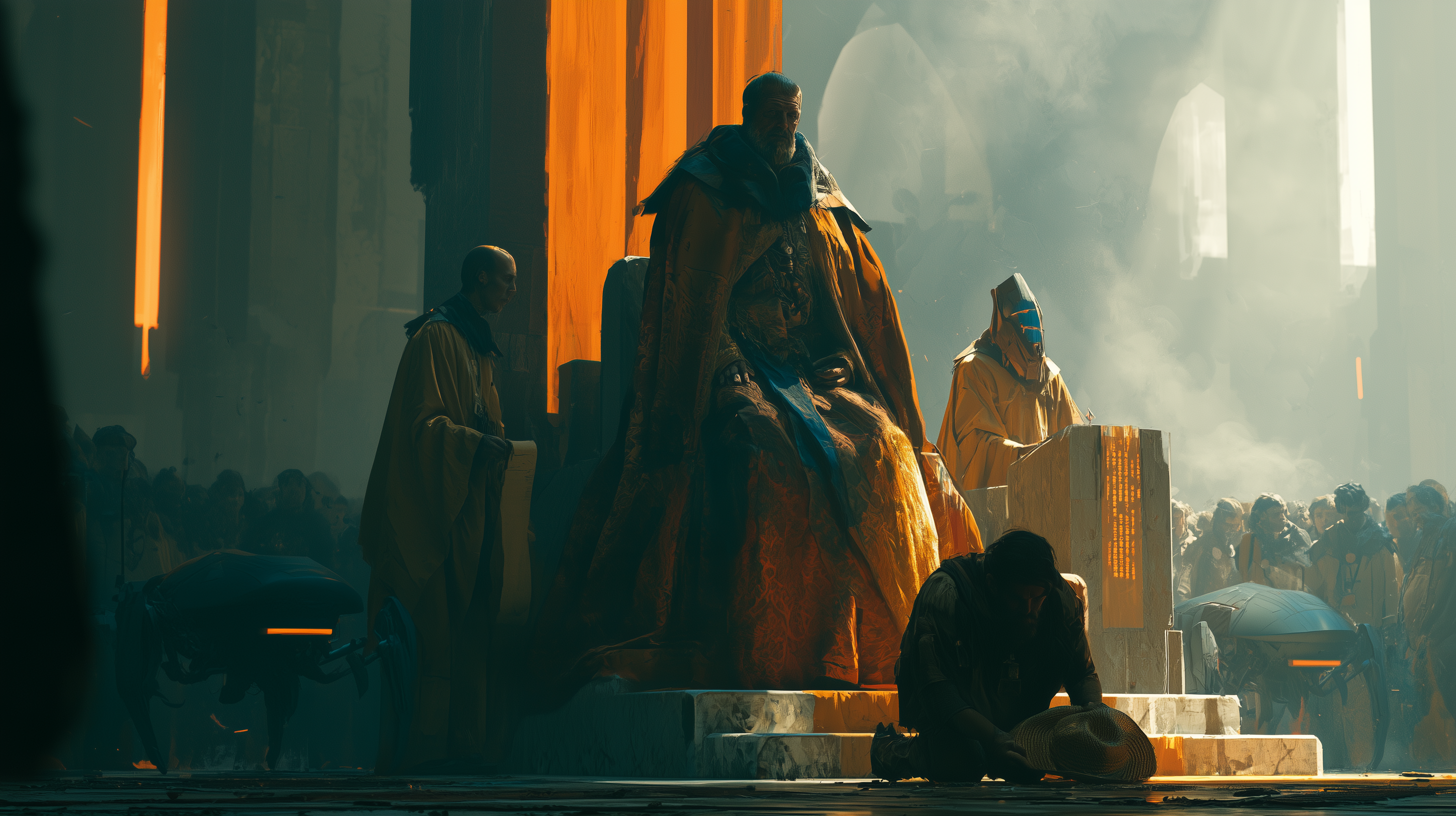 A banal lord in heavy ochre robes standing over the low steps of his dais, an Accumulator clerk at a lectern behind him streaming amber numerals, a robotic guard at the foot of the steps, a tagged corvée peasant crumpled on his knees before them clutching a straw hat — Corvée