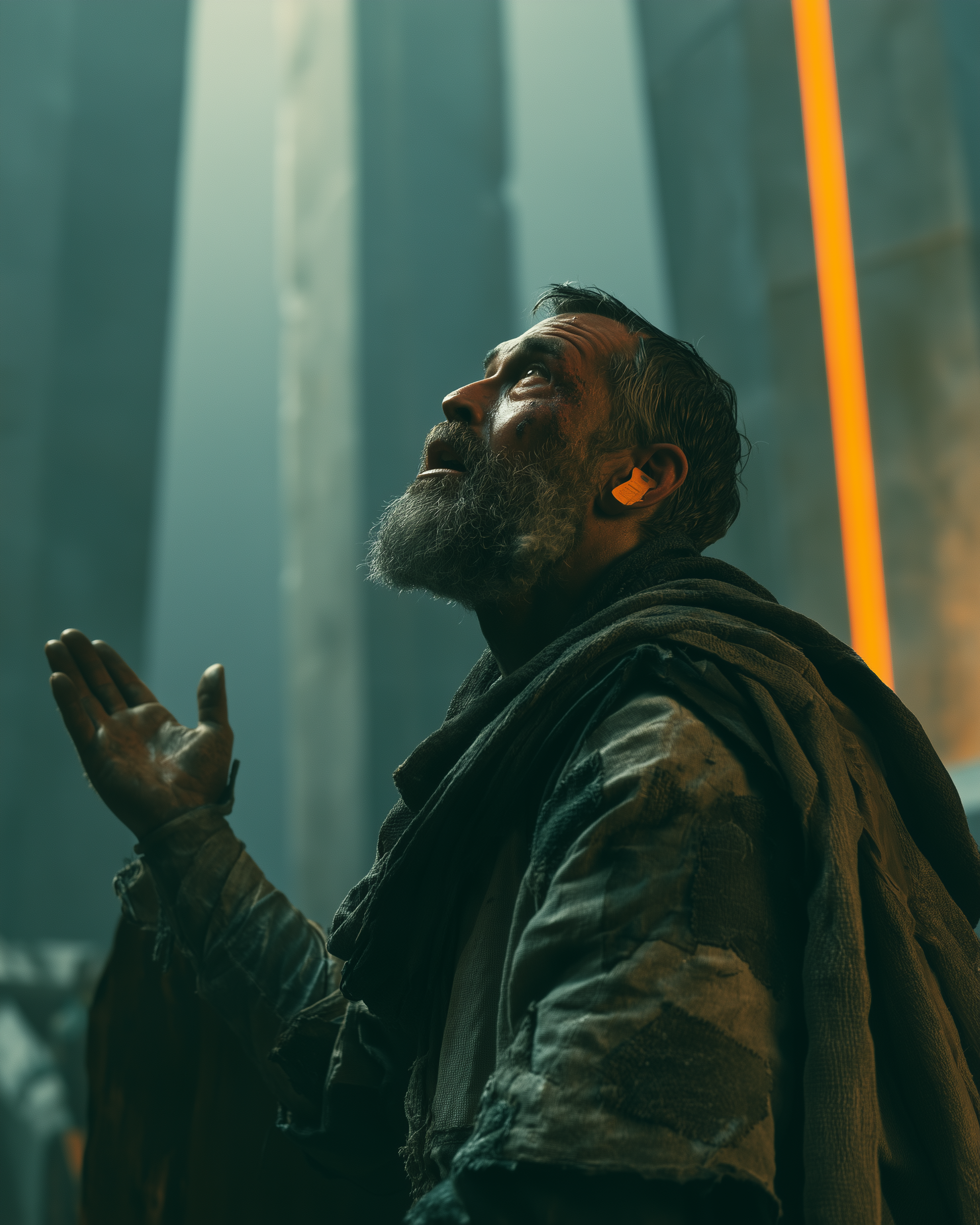 Three-quarter shot of a weathered corvée peasant man looking up in appeal, mouth open, one dirt-blackened hand raised palm-out, orange livestock tag catching the light on his ear, threadbare cloak, brutalist columns and an orange strip-light rising behind him — Corvée