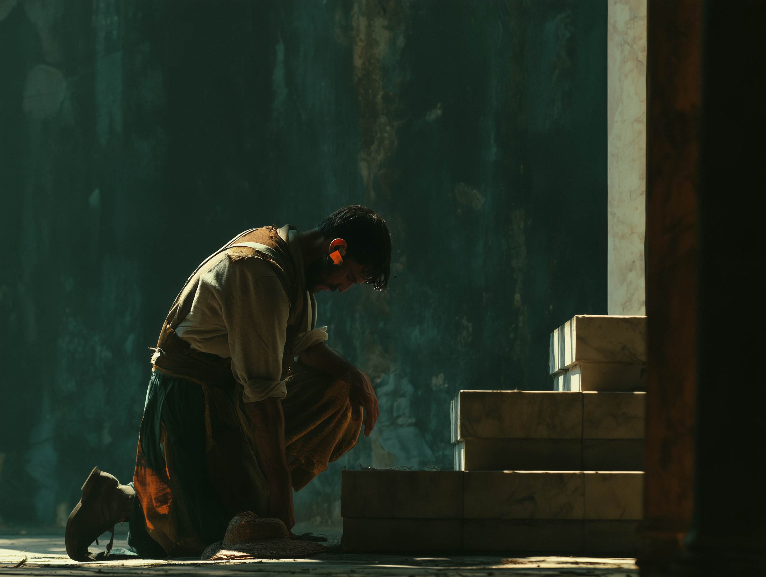A tagged corvée peasant kneeling in the shaft of light beside the first two low steps of a marble dais, head bowed, orange ear tag catching the light, coarse smock and hemp skirt, a battered straw hat on the tile at his knee — Corvée