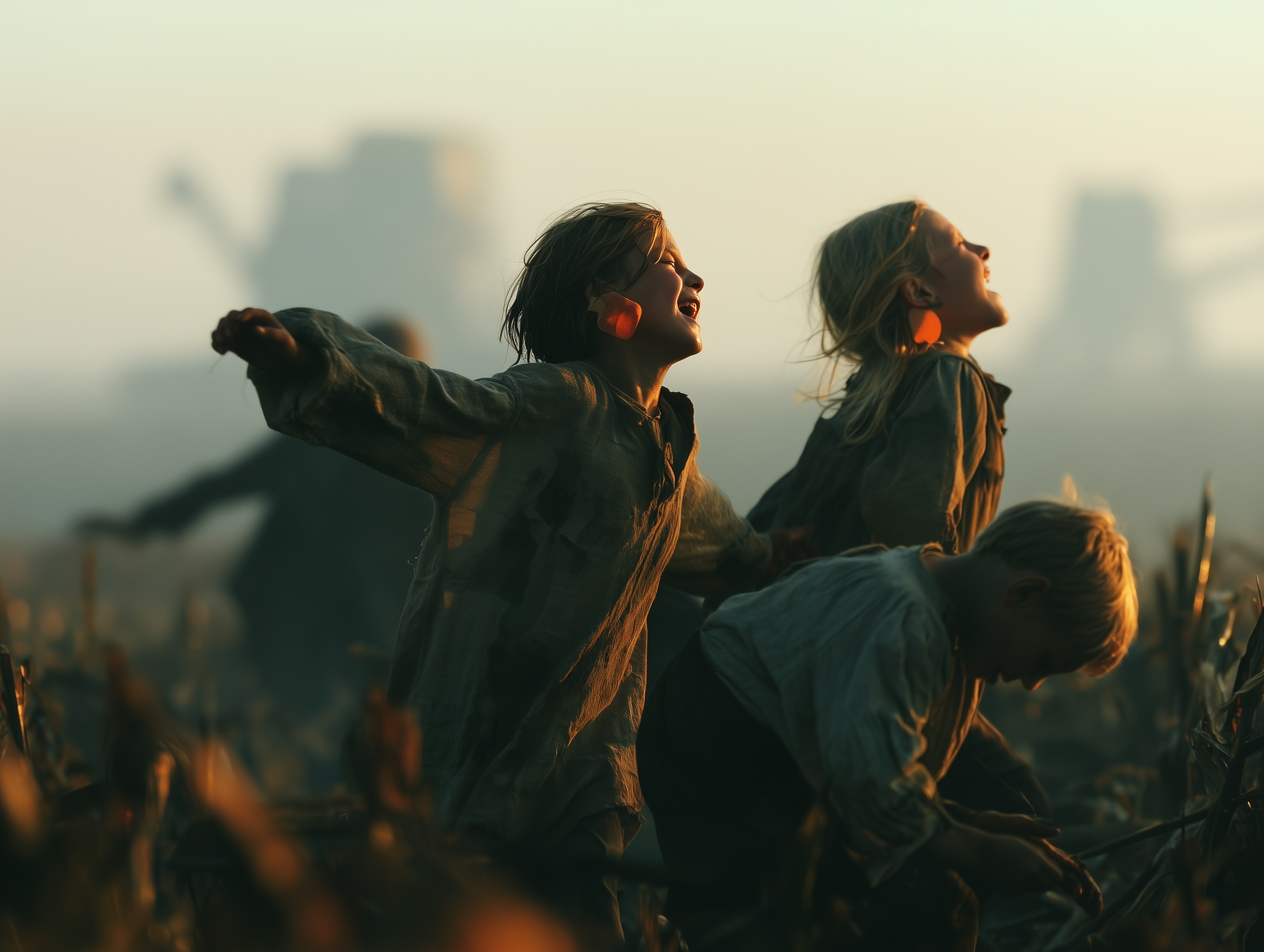Three tagged corvée children laughing in the wind among cut corn stubble at golden hour, orange plastic livestock tags glowing on their ears, colossal harvester walkers silhouetted in the low fog behind — Corvée