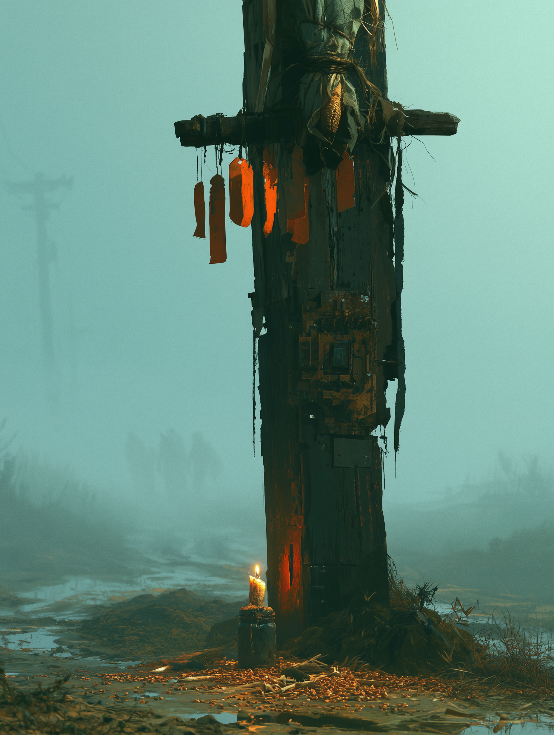 A weathered wooden crossroads shrine in the foggy Agfields, a corn-dolly lashed at its head, orange corvée ear-tags hung from the crossbeam like votive bells, a tallow candle burning at its foot, a scavenged circuit fragment embedded in the timber — Corvée
