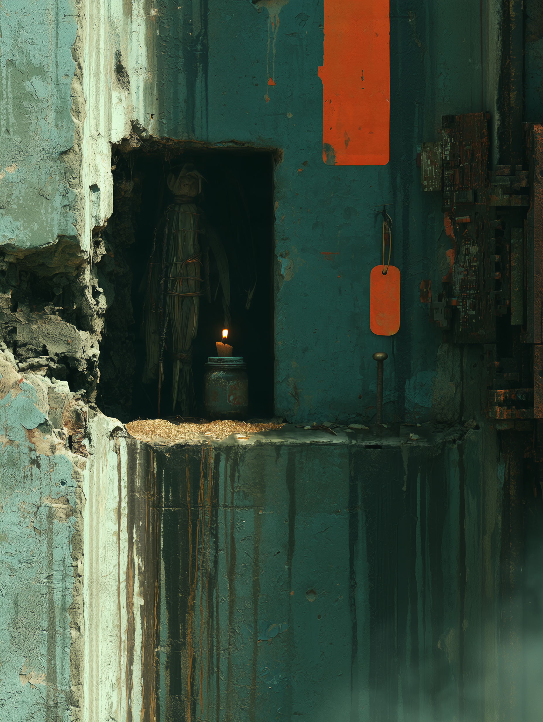Close shot of a folk shrine in a deep concrete alcove, a straw corn-dolly bound in wire cradling a large orange corvée ear-tag against its chest, a candle burning in a jar at its feet, a scavenged circuit board mounted on the wall like a relic — Corvée
