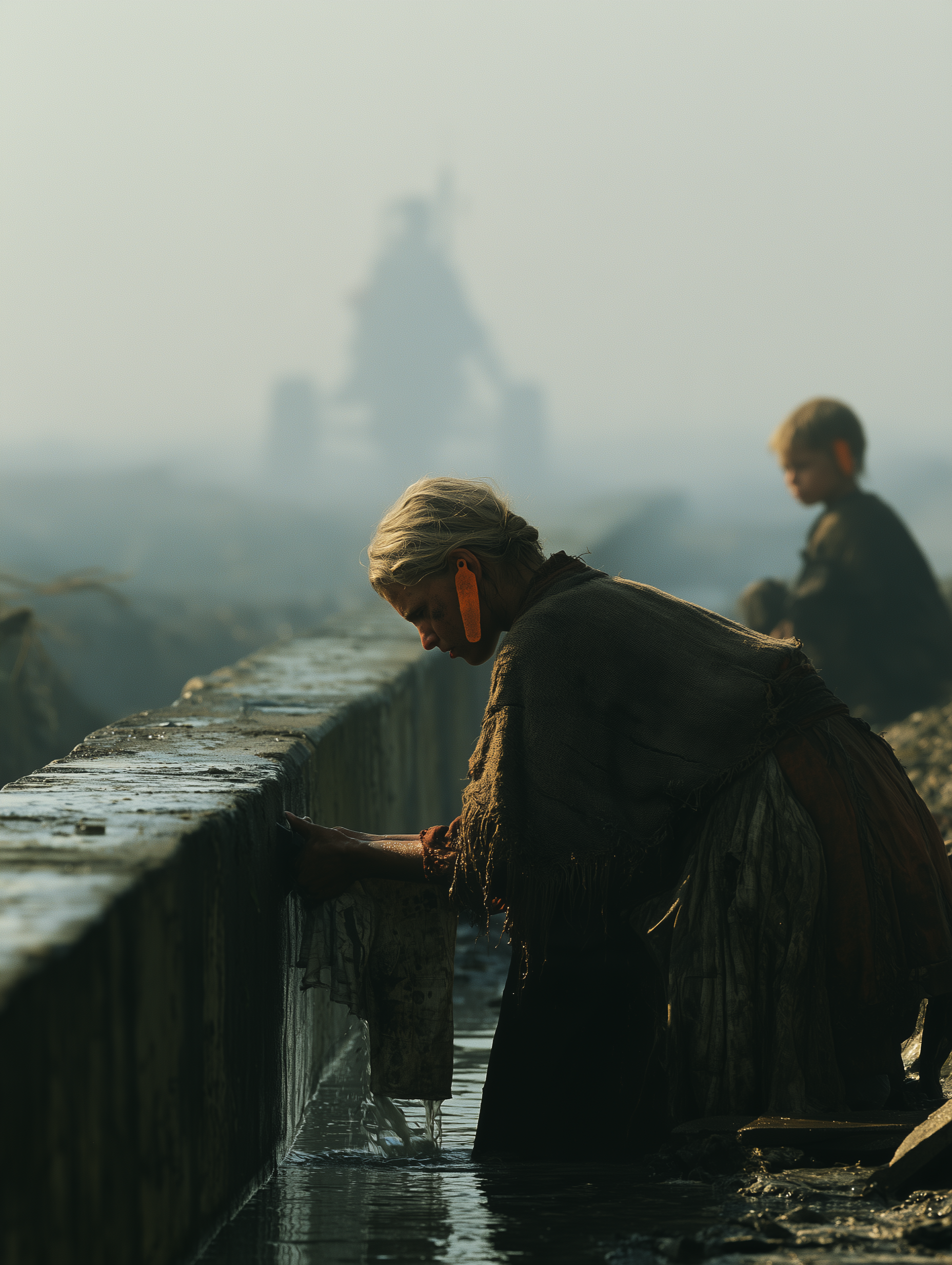 A tagged corvée woman kneeling in a concrete irrigation sluice washing cloth, orange ear tag catching the light, a tagged child sitting on the bank behind her, a walking harvester lost in the fog — Corvée