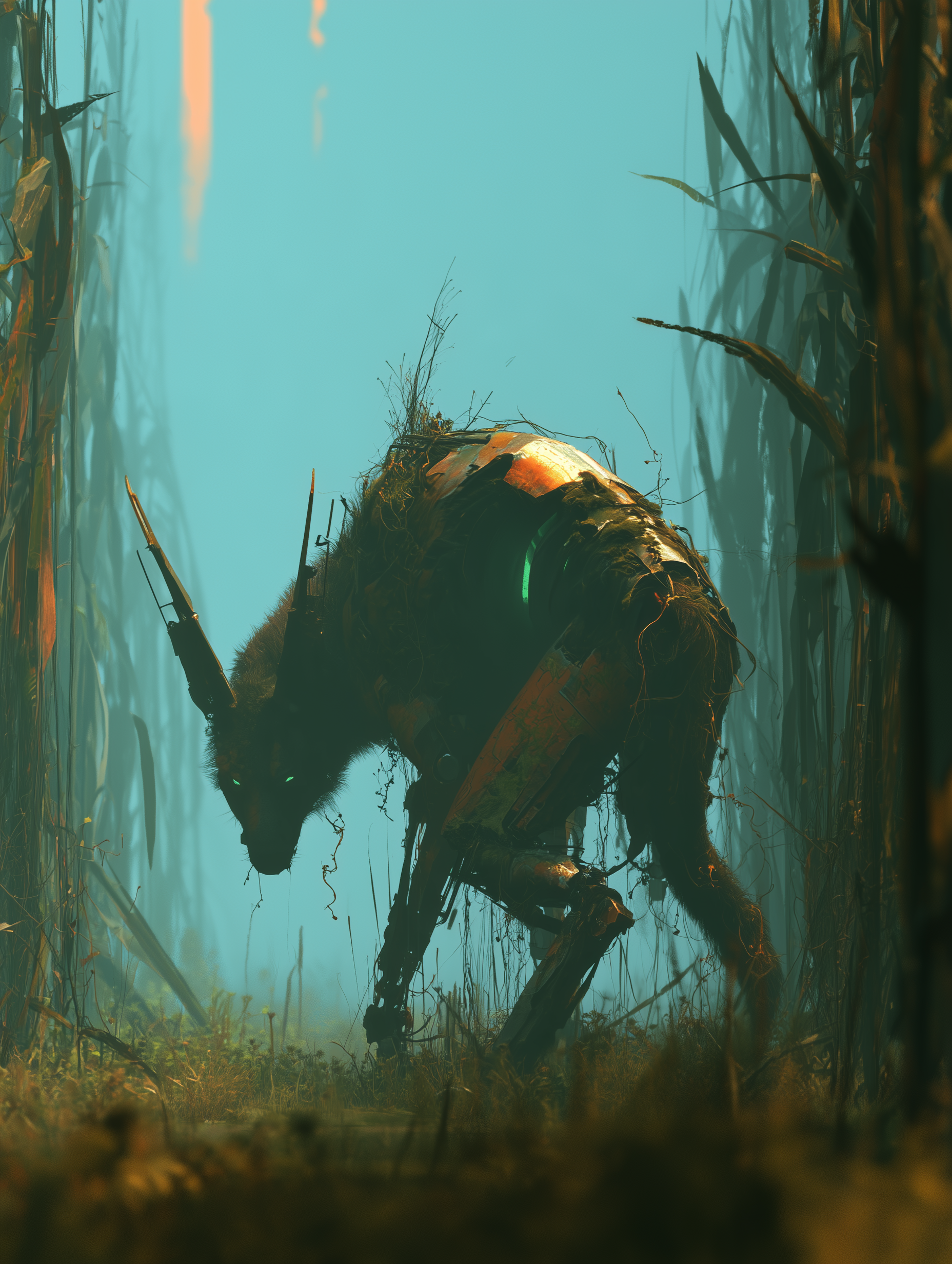 A mechanoid wolf in a night cornfield, plated rust-orange hide and articulated legs, green feral-core eyes, moss and vine in the seams, pale blue mist, a distant amber glow through the stalks — Corvée